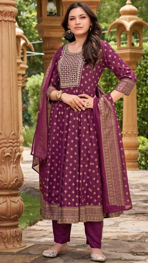 Dazzling Wine Color Rayon Fabric Designer Suit
