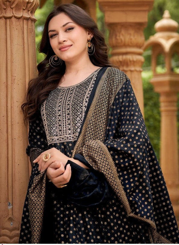 Dazzling Black Color Rayon Fabric Designer Suit