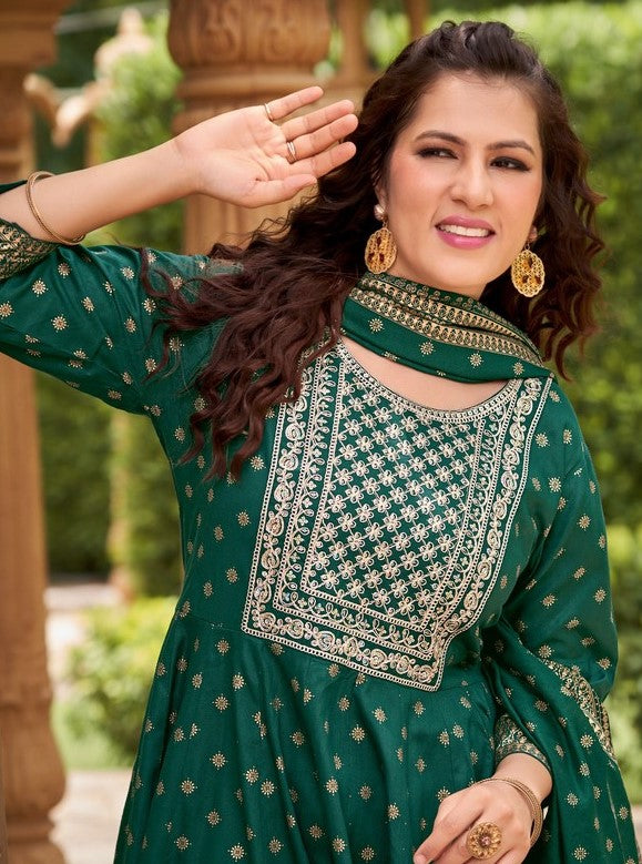 Dazzling Green Color Rayon Fabric Designer Suit