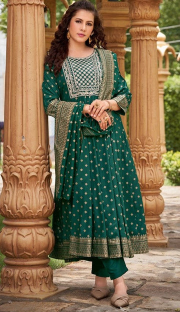 Dazzling Green Color Rayon Fabric Designer Suit