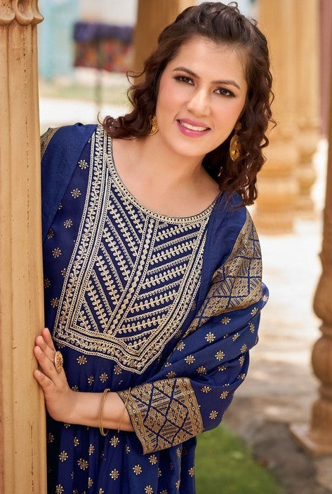 Dazzling Navy Blue Color Rayon Fabric Designer Suit