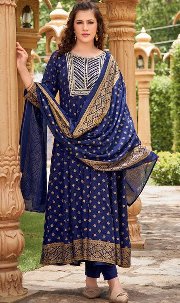 Dazzling Navy Blue Color Rayon Fabric Designer Suit
