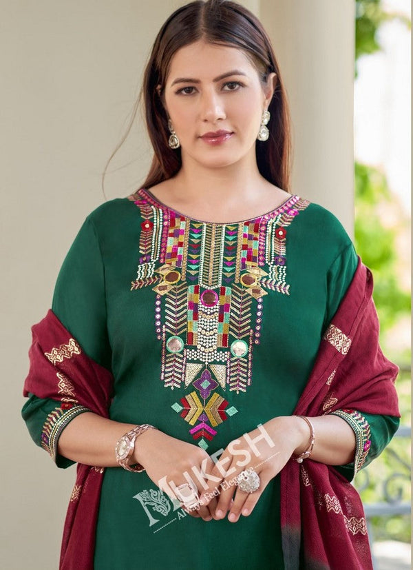 Lovely Green Color Rayon Fabric Casual Suit