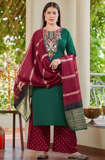 Lovely Green Color Rayon Fabric Casual Suit