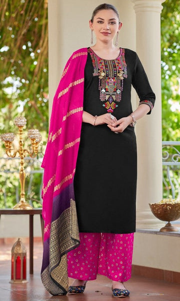 Lovely Black Color Rayon Fabric Casual Suit
