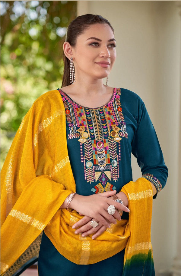 Lovely Teal Color Rayon Fabric Casual Suit