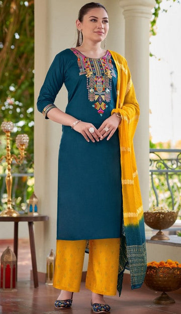 Lovely Teal Color Rayon Fabric Casual Suit