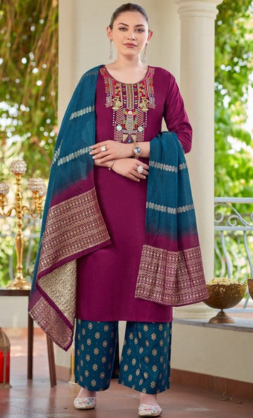 Lovely Wine Color Rayon Fabric Casual Suit