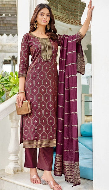 Classy Wine Color Viscose Fabric Designer Suit