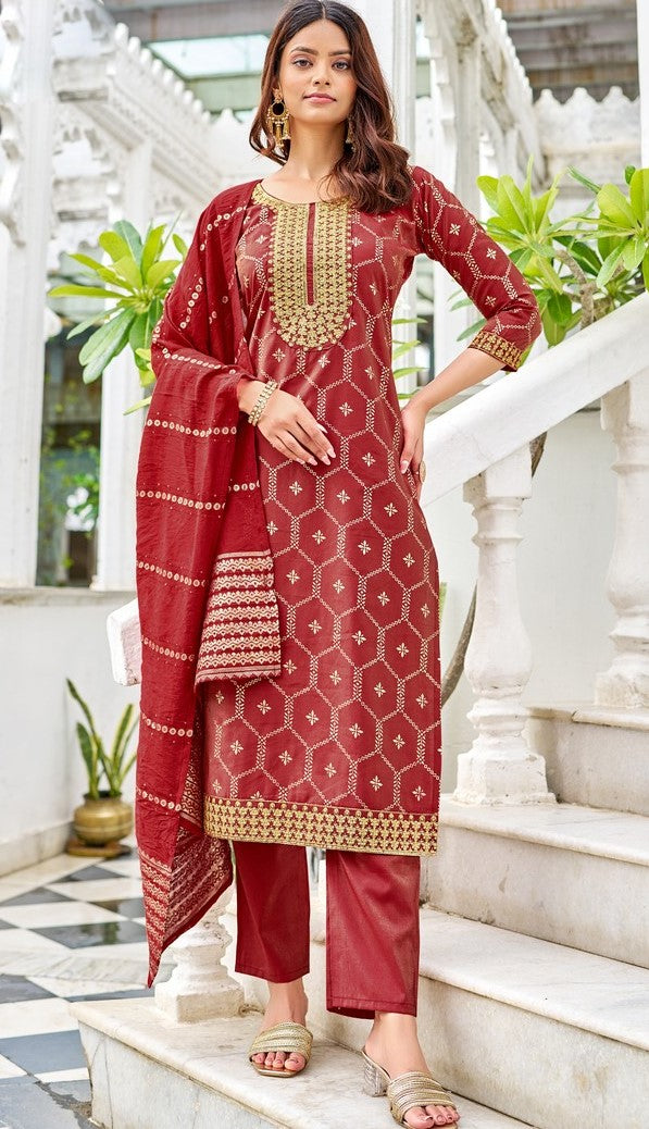 Classy Red Color Viscose Fabric Designer Suit