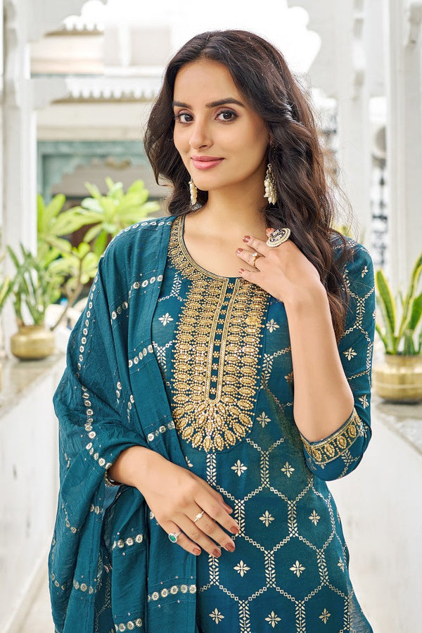 Classy Teal Color Viscose Fabric Designer Suit