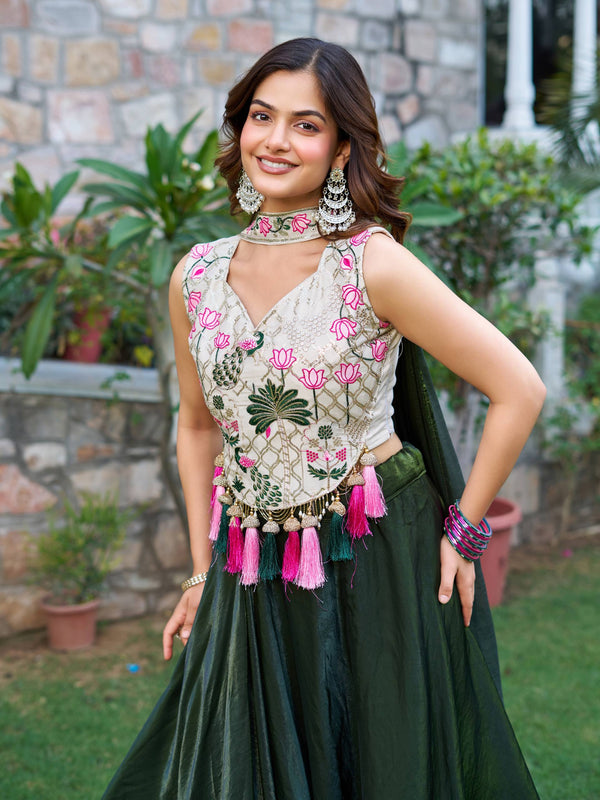 Magnetic Green Color Silk Fabric Party Wear Lehenga