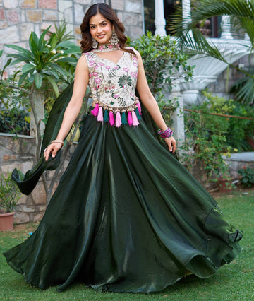Magnetic Green Color Silk Fabric Party Wear Lehenga
