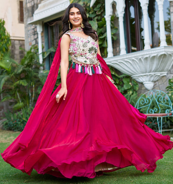 Magnetic Magenta Color Silk Fabric Party Wear Lehenga