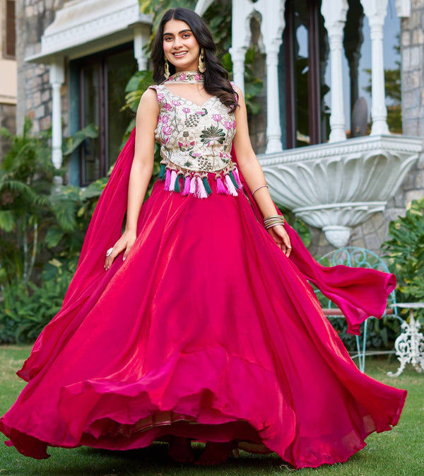 Magnetic Magenta Color Silk Fabric Party Wear Lehenga