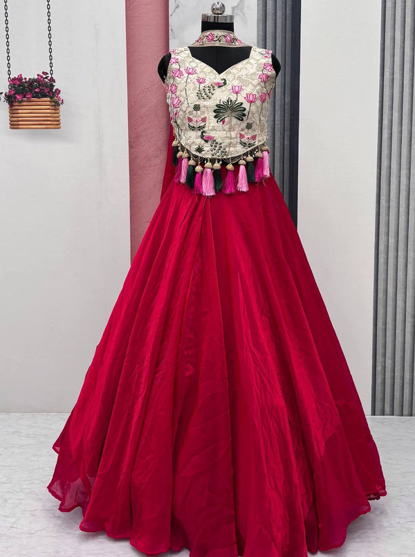 Magnetic Magenta Color Silk Fabric Party Wear Lehenga