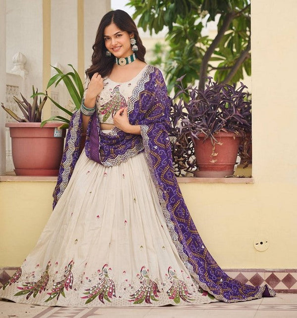 Impressive Cream Color Tissue Fabric Party Wear Lehenga