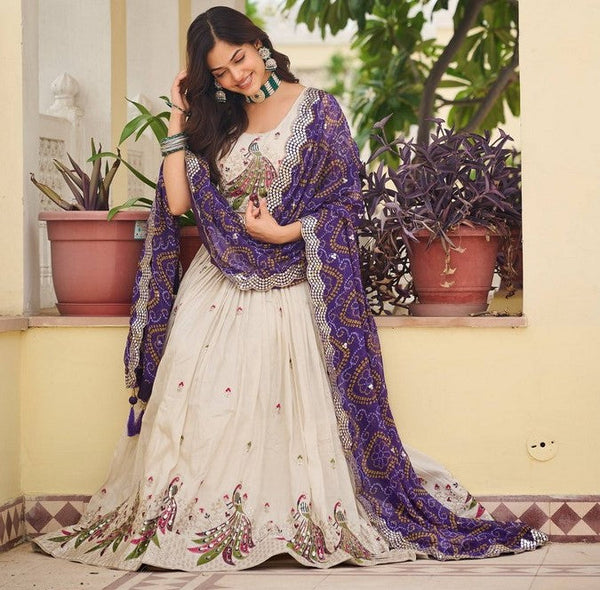 Impressive Cream Color Tissue Fabric Party Wear Lehenga