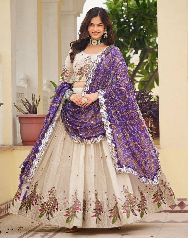 Impressive Cream Color Tissue Fabric Party Wear Lehenga