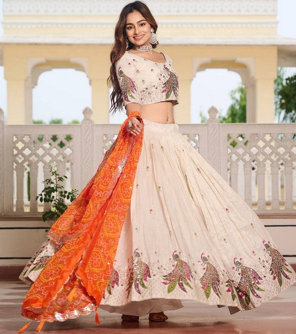 Impressive Cream Color Tissue Fabric Party Wear Lehenga