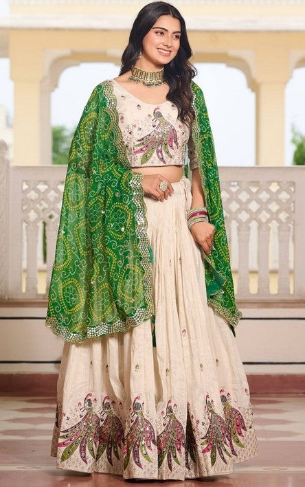 Impressive Cream Color Tissue Fabric Party Wear Lehenga