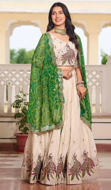 Impressive Cream Color Tissue Fabric Party Wear Lehenga