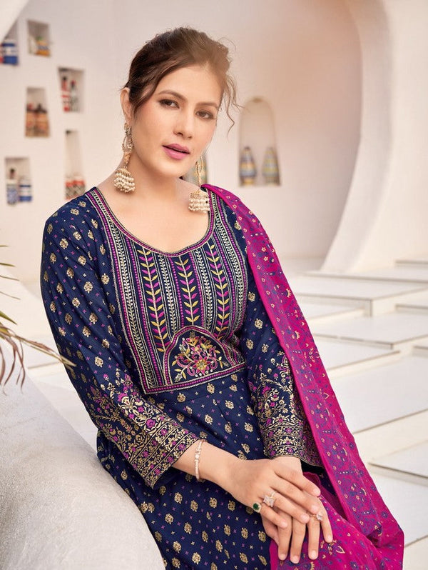Striking Navy Blue Color Rayon Fabric Gown