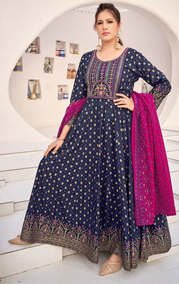 Striking Navy Blue Color Rayon Fabric Gown