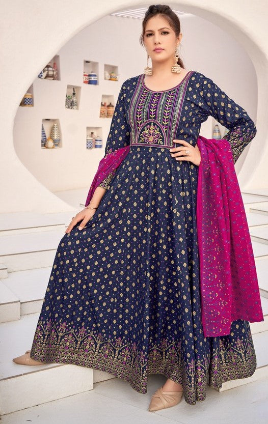 Striking Navy Blue Color Rayon Fabric Gown