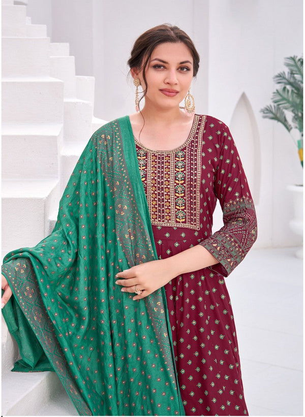 Striking Maroon Color Rayon Fabric Gown