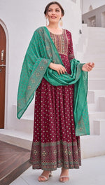 Striking Maroon Color Rayon Fabric Gown