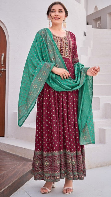 Striking Maroon Color Rayon Fabric Gown