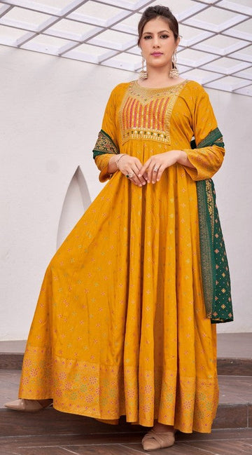 Striking Yellow Color Rayon Fabric Gown