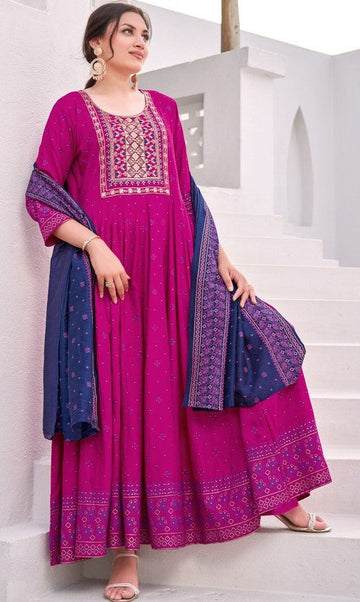 Striking Magenta Color Rayon Fabric Gown