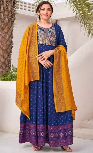 Striking Blue Color Rayon Fabric Gown