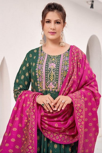 Striking Green Color Rayon Fabric Gown