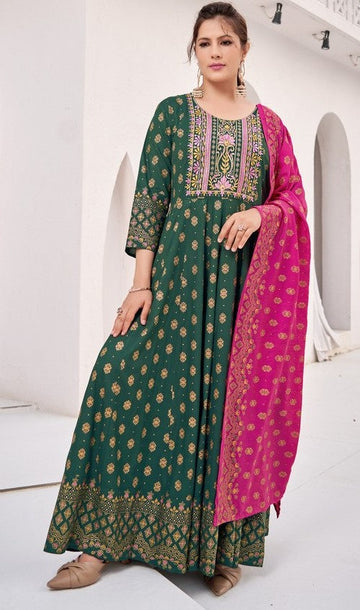 Striking Green Color Rayon Fabric Gown
