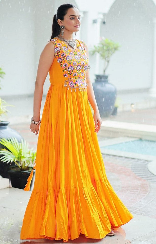 Beautiful Yellow Color Rayon Fabric Gown