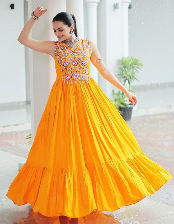 Beautiful Yellow Color Rayon Fabric Gown