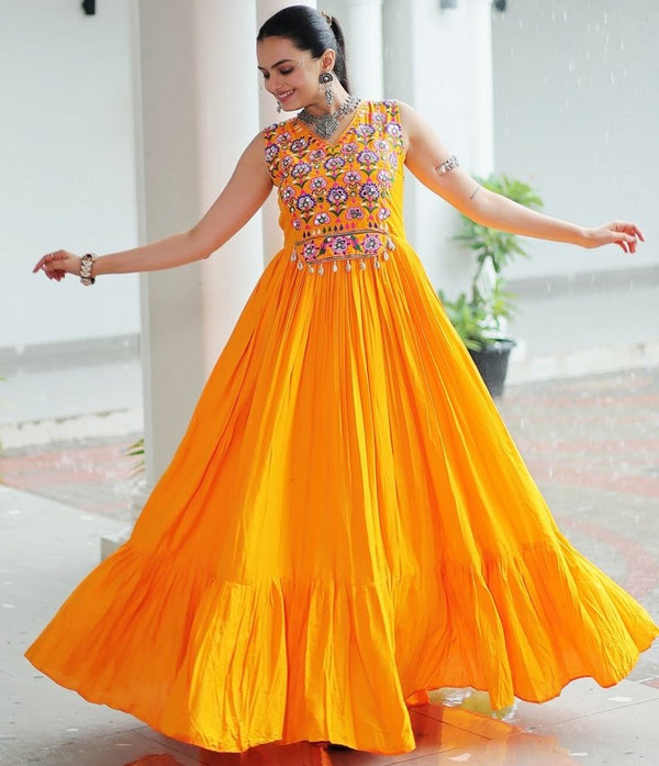 Beautiful Yellow Color Rayon Fabric Gown