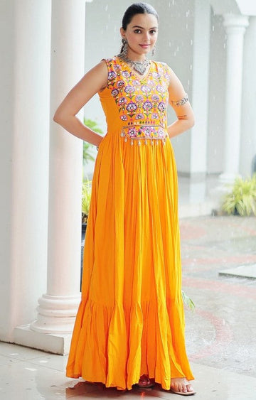 Beautiful Yellow Color Rayon Fabric Gown