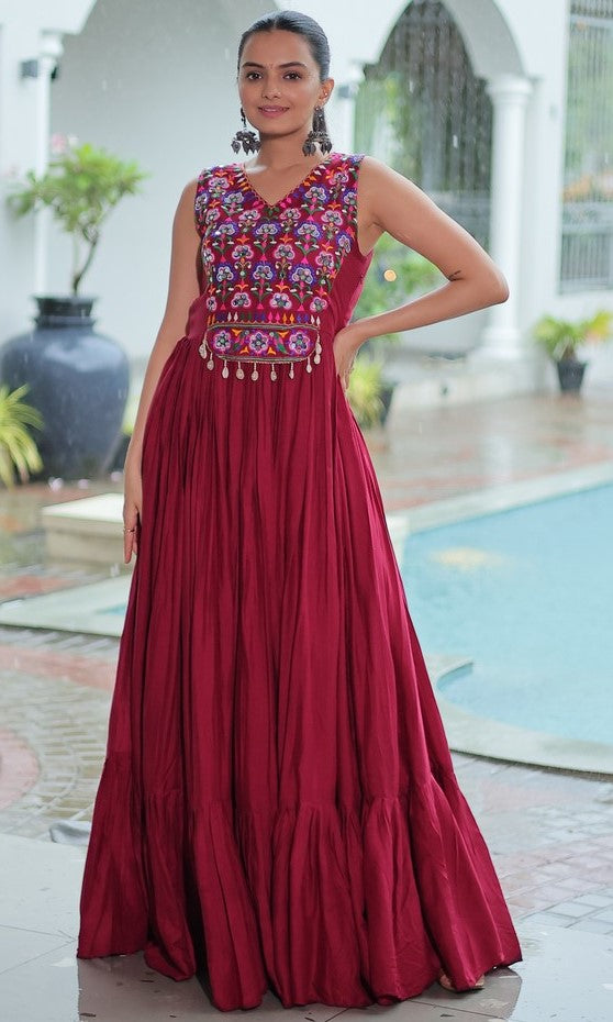 Beautiful Maroon Color Rayon Fabric Gown