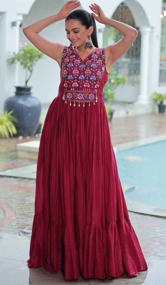 Beautiful Maroon Color Rayon Fabric Gown