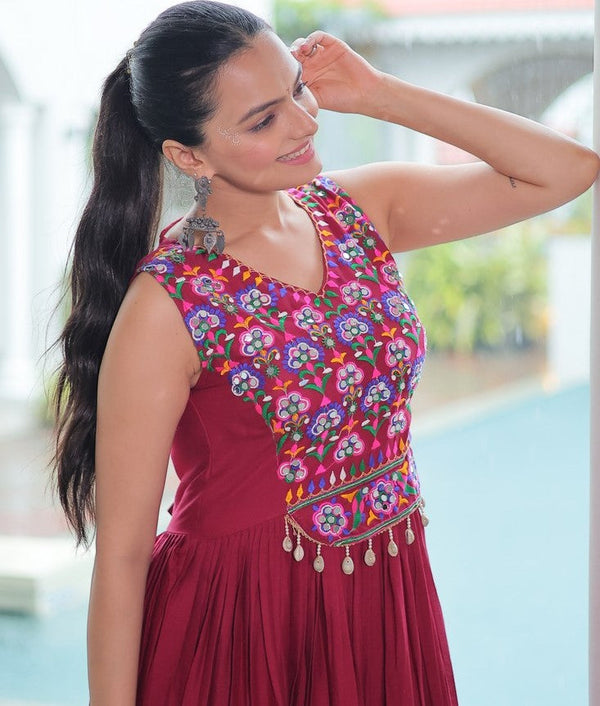Beautiful Maroon Color Rayon Fabric Gown
