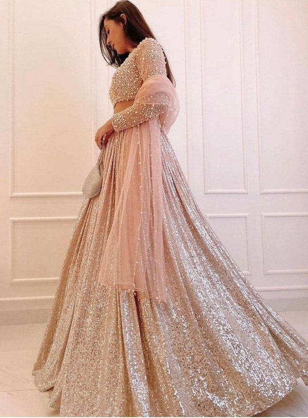 Magnetic Peach Color Satin Fabric Party Wear Lehenga