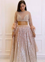Magnetic Peach Color Satin Fabric Party Wear Lehenga