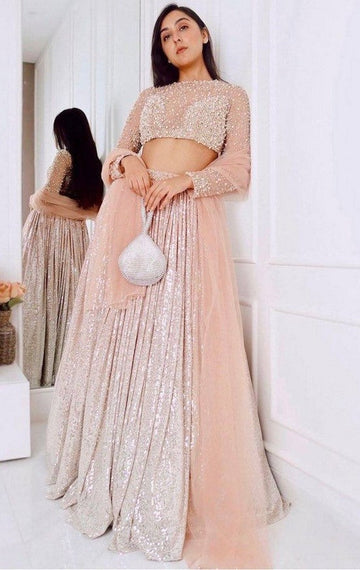 Magnetic Peach Color Satin Fabric Party Wear Lehenga
