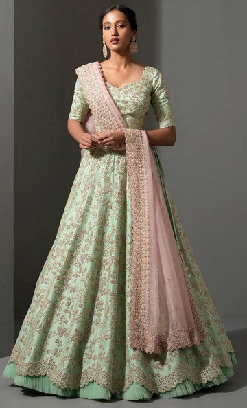 Magnetic Green Color Silk Fabric Party Wear Lehenga