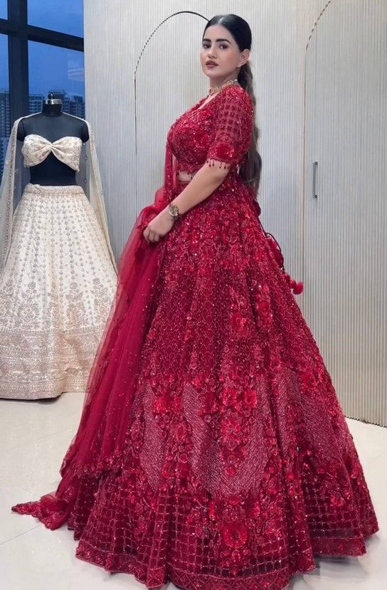 Magnetic Red Color Net  Fabric Party Wear Lehenga