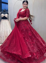 Magnetic Red Color Net  Fabric Party Wear Lehenga
